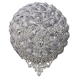 XINNI Handmade Bridal Wedding Bouquet Bride Bridesmaid Satin Rose Flower Bouquet with Drop-Shaped Rhinestone Wedding Decoration Silver Grey