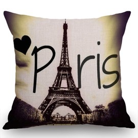 Swono Eiffel Tower Love Paris Cotton Linen Throw Pillow Case Home Decorative Cushion Cover for Sofa Couch Bedding 18x18 Inches