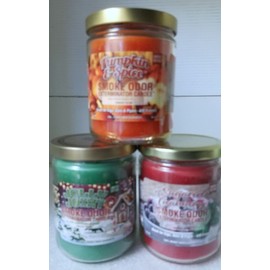 Smoke Odor 13 oz Jar Candles Holidays & Christmas Variety Fragrances Set of Three Candles Pumpkin & Spice, Sugared Cranberry & Jolly Joint.
