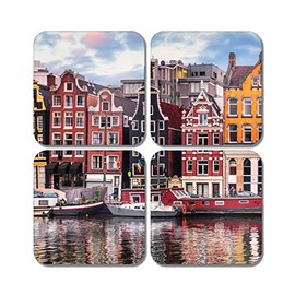 4 x Square Amsterdam Coasters - Netherlands Travel City Colourful Houses Canal Jigsaw Gift #78291