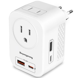 Shayangyoung 220V to 110V Voltage Converter US to Europe International Universal Travel Adapter, 20W PD With 2 USB-A 2 USB-C Port, Worldwide Power Converter Plug Combo US to Spain Italy Greece White-F