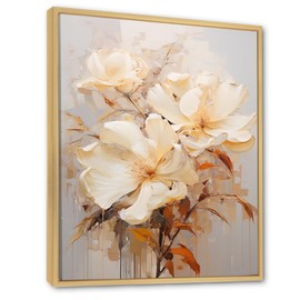 DesignQ Hibiscus Oversized Brown Framed Wall art decor, Hibiscus Wall Art, Hibiscus Painting In Beige, beige Canvas wall art, 24x32 inches