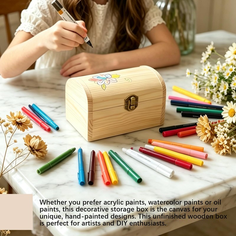 Unfinished Wooden Box with Hinged Lid for DIY Craft Storage