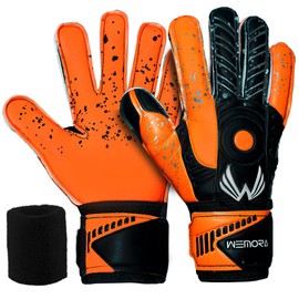 WEMORA Soccer Goalie Gloves Fingersave for Kids Youth Adults with 7.5MM Strong Grip Palm Flexible Finger Spines Goalkeeper Gloves (Orange, Size 5 Suitable for 9 to 12 Years Old, Ambidextrous)