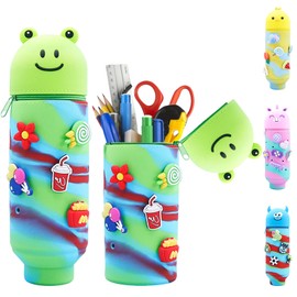 AUNGKWANG Kawaii Pencil Case, 2 in 1 Stand Pencil Case with Zip, Cute Cartoon Animal Pencil Case, Artist Pencil Case, Cute School Supplies, for Students, Teenagers, Green, pen holder for stationery
