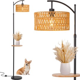 Boho Floor Lamp, Rattan Floor Lamp with Shelf, Bohemian Bamboo Wicker Coastal Rustic Farmhouse Woven Tropical Wood Tall Standing Lamp with Table for Living Room Bedroom