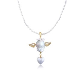 Hi Pearl Angel and Demons 3-14 mm Freshwater Pearl Earrings Pendant Necklace Fish Pearl Necklace Women Mother Daughter 18 K Gold-Plated Extension Birthday Gift for Her, Pearl