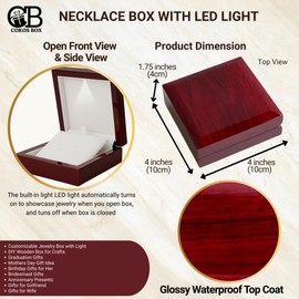 Necklace Box with LED Light – Small Jewelry Display Case for Bracelet, Earrings, or Chains – Luxury Lighted Wooden Presentation Box for Gifts, DIY Crafts (Mahogany Cream Interior, 4 X 4 Inch)