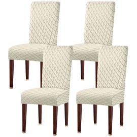 LANSHENG Dining Chair Covers Set of 4, Stretch Dining Chair Protector Slipcovers Jacquard, Elastic Removable Washable Chair Seat Cover for Dining Room Kitchen Banquet Restaurant Home, Beige