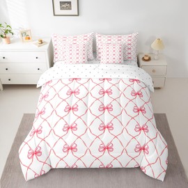 Erosebridal Bowknot 7 Piece Comforter Set Full Bow Knot Bedding for Kids Butterfly Knot Bow Tie Sheet Set Bed in A Bag Aesthetic Coquette Bedroom Decor Geometric Cartoon Red Bed Set