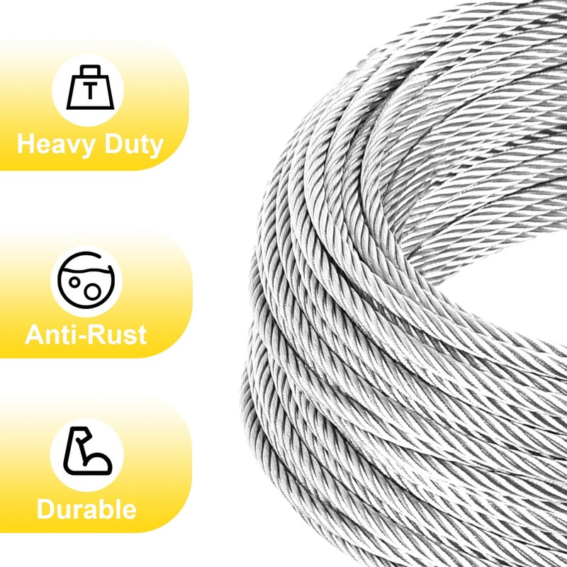 WRFDEC 1/4 Steel Cable with Loops,75Ft Wire Rope with Clamps