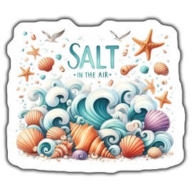 Ocean Theme Seashell Sticker, Salt in The Air Design, Beach Waves Sticker, Sea Life Art, Starfish and Shells Decorative Sticker - 5-Inch Sticker - 2-Pack - CCSTICKER01133