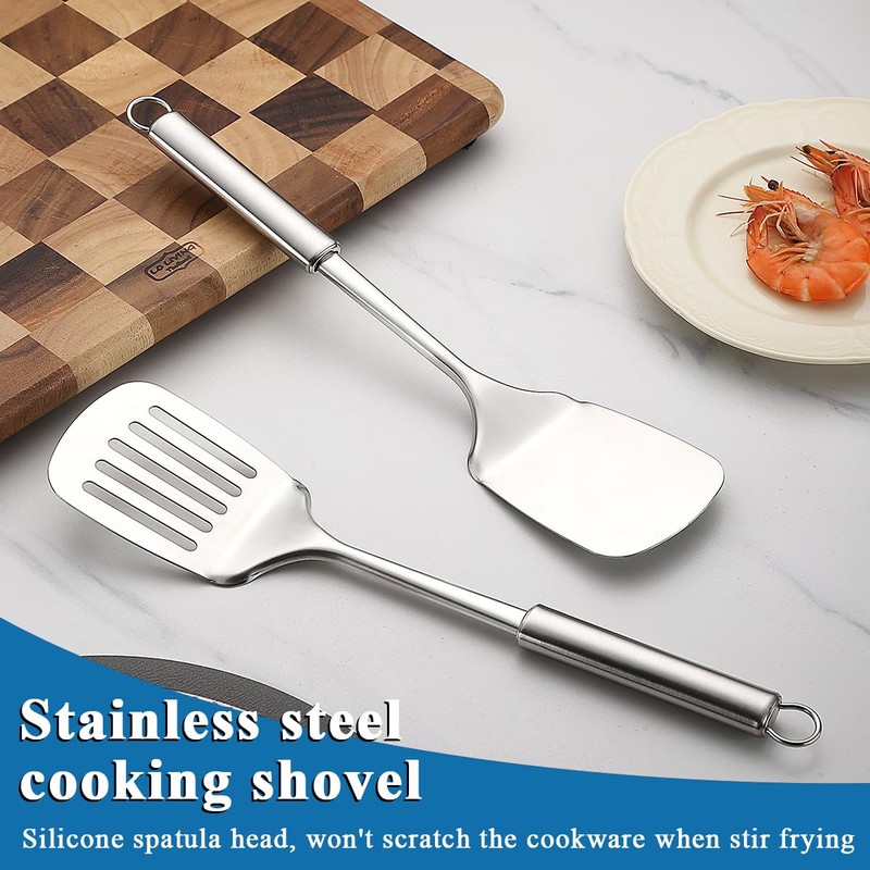 Stainless Steel Spatulas Set, ReaNea Silver Slotted Turner, Solid Turner,