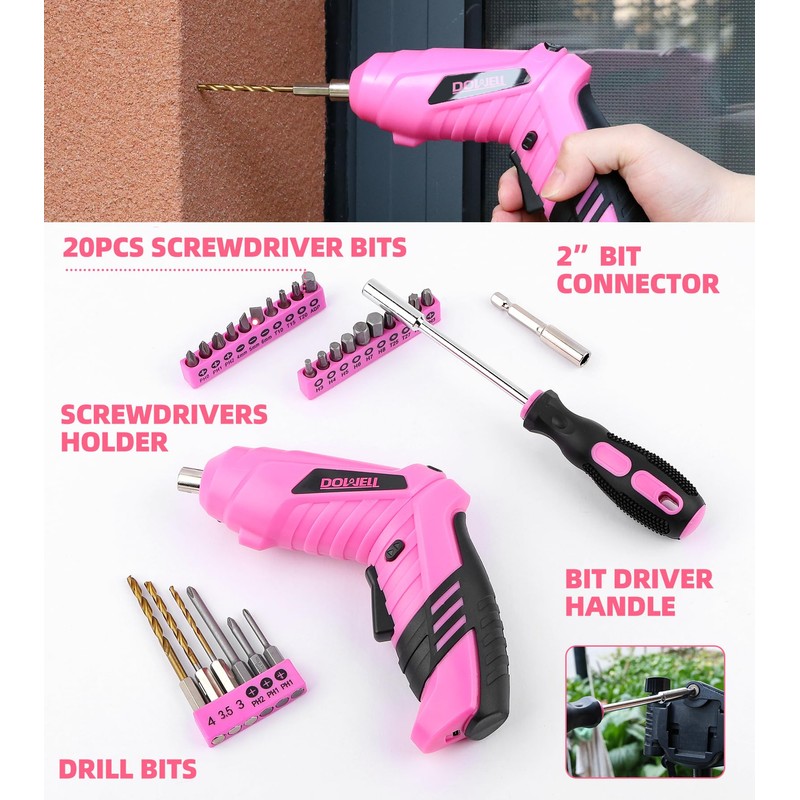 DOWELL 116Pcs Pink Tool Kit with 3.6V USB Cordless Screwdriver,