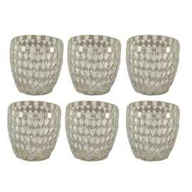 Set of 6 Glass Votive Candle Holders – Mosaic Mirror & Clear Glass with Diamond-Shaped Tiles, Cup Shape Tealight Holders for Wedding, Party, and Home Décor