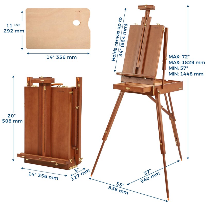 VISWIN French Easel for Painting with Palette, Shoulder Strap &