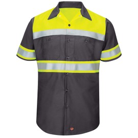 Red Kap Men's Hi-Vis SS Colorblock Ripstop Work Shirt-Type O, Class 1, Fluorescent Yellow/Charcoal, Large