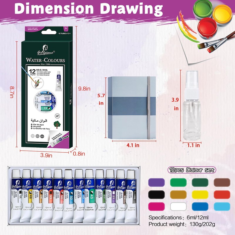 Mini Watercolor Travel Set, 12 Colors
