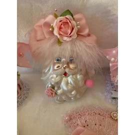 HEAD SHABBY PINK GLASS SANTA HEAD ORNAMENT W PINK ROSES NEW!