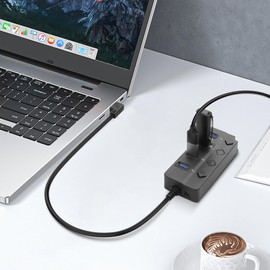 90 Degree USB Hub Splitter YACSEJAO USB 2.0 Data Hub with Individual LED Button On/Off Switch DC5.5 * 2.1 Power Port for Laptop,PC Computer (4 Ports, 0.3M)