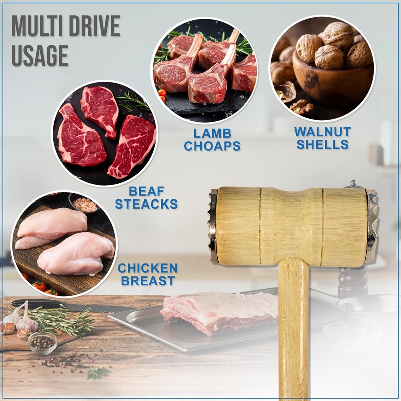 Meat Tenderizer - Meat Hammer, Mallet Pounder,Double-Sided Wooden Handle for