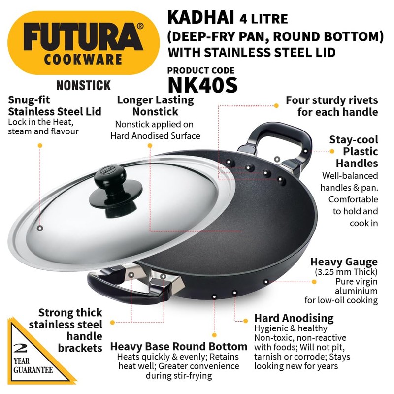 HAWKINS Futura Nonstick Kadhai 4 L, 30 cm, 3.25 mm
