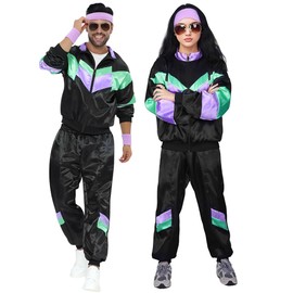AUTOWT 70s 80s Shell Suit, Men Women Lightweight Long Sleeve Tracksuit, Retro Color Block Hip Hop Windbreaker Disco Costume for Rock Festivals Carnival Parties Mardi Gras Black