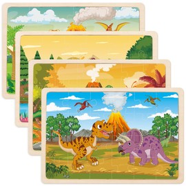 4 Pack Wooden Puzzles for Kids 3-5，24 Piece Puzzles for Kids 4-8 Years Old,Jigsaw Puzzles, Educational Puzzle Toys Gift for Toddlers Boys Girls for 3 4 5 6 Year Old (Dinosaur)