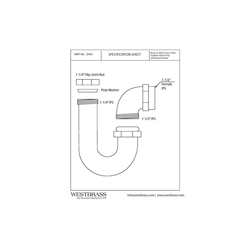 Westbrass D403LA-26 1-1/2 x 1-1/4" LA Code P-Trap, Polished Chrome