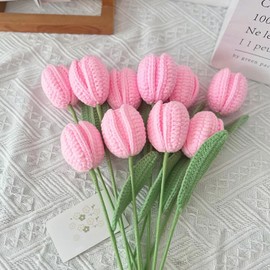 YOFANUP Tulip Crochet Flowers, Finished Handmade Crochet Tulips, Artificial Tulip Home Decor, Length 38cm/15 inches, Knitted Flower Never Withered, Flowers for Mom, Daughter, Wife, Teacher (Pink, 4)
