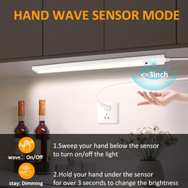 16 Inch Under Cabinet Lights with Hand Wave, 2 Pack Under Counter Light with Dimmable and Colour and Brightness Adjustable Over The Sink Lighting,LED for Kitchen Cabinet with Wire and Plug, Cupboard