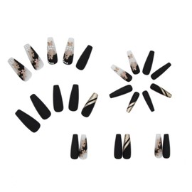 Kamize Luxury Press on Nails Extra Long Fake Nails Black Ballerina Coffin Butterfly False Nails for Women and Girls24PCS