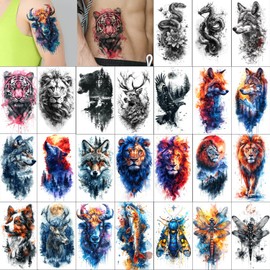 GLARYYEARS Temporary Tattoos for Men, 24-Pack Large Fake Tattoos, Long-lasting Animal Tattoos, Wolf Lion Snake Design Variety Pack Realistic Tattoos 3D, Cool on Half Arm Leg Back Body
