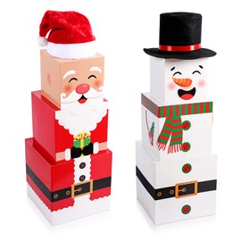 Haysandy 2 Set Snowman and Santa Christmas Box Decoration Xmas Decorative Stacking Boxes with Lids Stackable Nesting Gift Boxes with Santa and Snowman Hats for Christmas Presents Home Party decoration