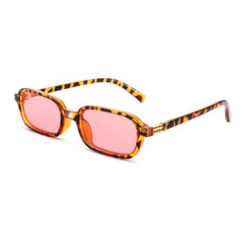 NULOOQ Retro Rectangular Sunglasses for Women, 90s Trendy Small Narrow Square Frame Sun Glasses (Leopard Frame/Pink Lens)