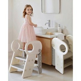 Soladder Foldable Toddler Step Stool with Handles for Bathroom Sink, Adjustable 3 or 2 Step Stool for Training Toilet Potty, Plastic Toddlers Kitchen Stool Helper for Kids-Grey