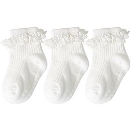 Snegyu 3 Pack Baby Girls Ruffle Socks Toddler Girls Knit Cotton Ankle socks Non-slip Plain White Frilly Princess Solid Color Dress Socks Set for 1-3 Years