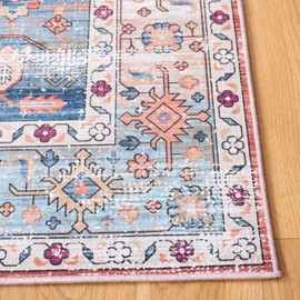 SAFAVIEH Washable Rug Tucson Collection - 6' Square, Beige & Blue, Slip Resistant, Ideal for High Traffic Areas in Living Room, Bedroom, Home Office, Dining Space (TSN109B-6SQ)