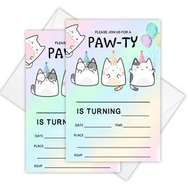 Birthday Invitations for Boys Girls, Cute Cat Birthday Party Invitations, 20 Birthday Invites with Envelopes, Pawty Birthday Invite Cards for Teen Kids, Kitten Themed Birthday Party Supplies -FS405
