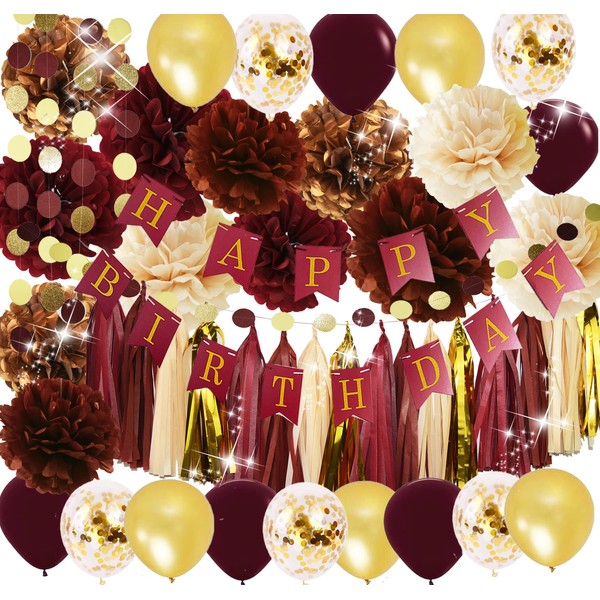 Burgundy Gold Birthday Party Decorations for Women/Fall Birthday Decor Happy Birthday Banner Maroon Gold Balloons Women Burgundy 30th/40th/50th Birthday Party Decorations