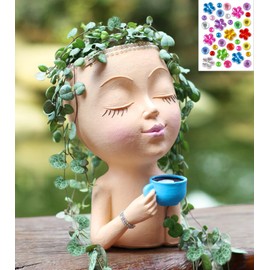 COMODID Face Pot for Plants, with a Base,Face Flower Pot for Indoor Outdoor Plants Resin Succulent Planter with Drainage Hole Cute Lady Plant Pots（Lignt Orange）