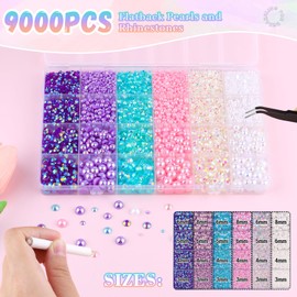 9000Pcs Flatback Pearls and Rhinestones for Crafting, Pink Purple White Mixed Size 3-8mm Resin Rhinestones and Half Pearls for Bedazzling, Nail Art with Tweezers and Pickup Pencil