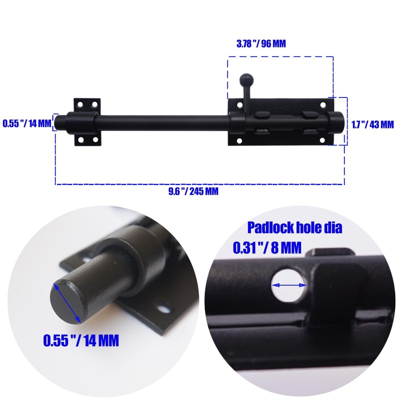 Heluok 10Inch Slide Bolt Latch Black, Heavy Duty Barrel Bolt