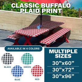 Sorfey Vinyl Umbrella Picnic Table and Bench Fitted Tablecloth Cover, Checkered Design, Flannel Backed Lining, 30x96 Inch, 3-Piece Set, Red