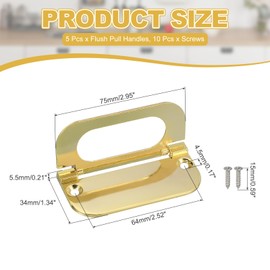 PATIKIL 2.9 Inch (75mm) Flush Ring Pull 5 Pcs Low Profile Drawer Pull Zinc Alloy Flip Drawer Handle with Screws for Furniture Closets Dressers, Gold