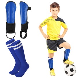 Partideal Children's Football Shin Pads with 1 Pair of Football Socks, Adjustable Shin Pads with Ankle Protection for Boys and Girls from 3-7 Years (Blue)