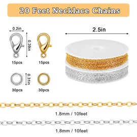 SANNIX 20 Feet Chains for Jewelry Making, Necklace Chains with Lobster Clasps and Jump Rings 1.8 mm DIY Link Chain for Necklace Earring Bracelet Making Supplies, Silver