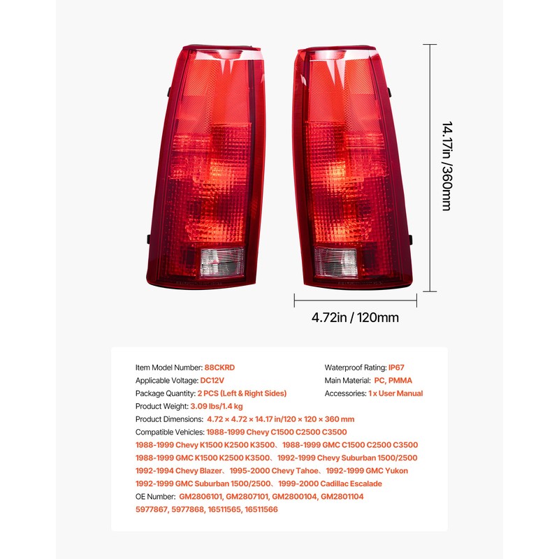 VEVOR Tail Light Assembly Compatible with 1988-1999 Chevy/GMC C/K 1500