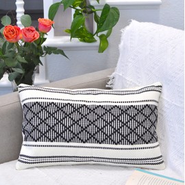 Oveesha Cotton Woven Designer Throw Pillow Cover Black/Off White, Lumbar - 12 x 20 inches (Single Piece) | Oblong Small Pillowcase