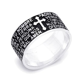 DoubleAccent Sterling Silver Black Rhodium Plated Spanish Lord's Prayer Engraved Cross Padre Nuestro Praying Ring, 4.5